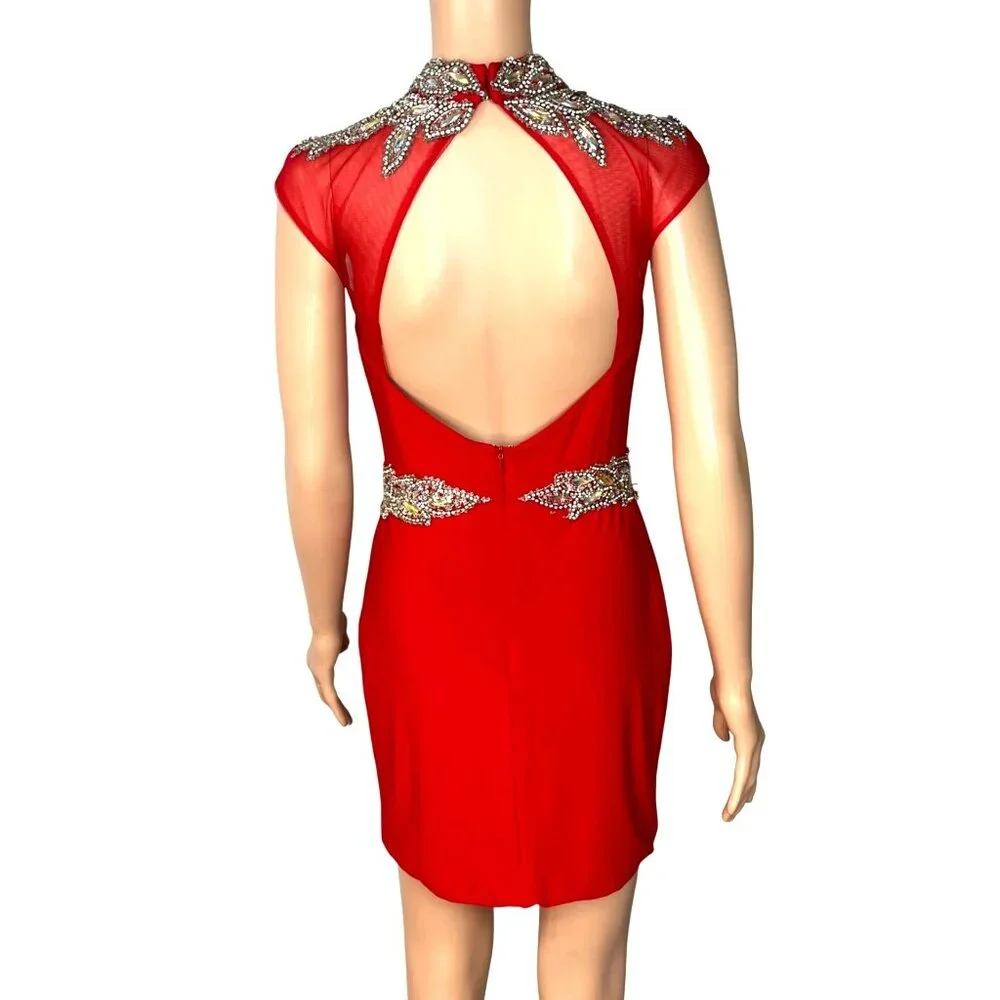 Splash Red Crystal Embellished Open Back Short Dress Sheer Top Cap Sleeves Sz 8 - Picture 2 of 6